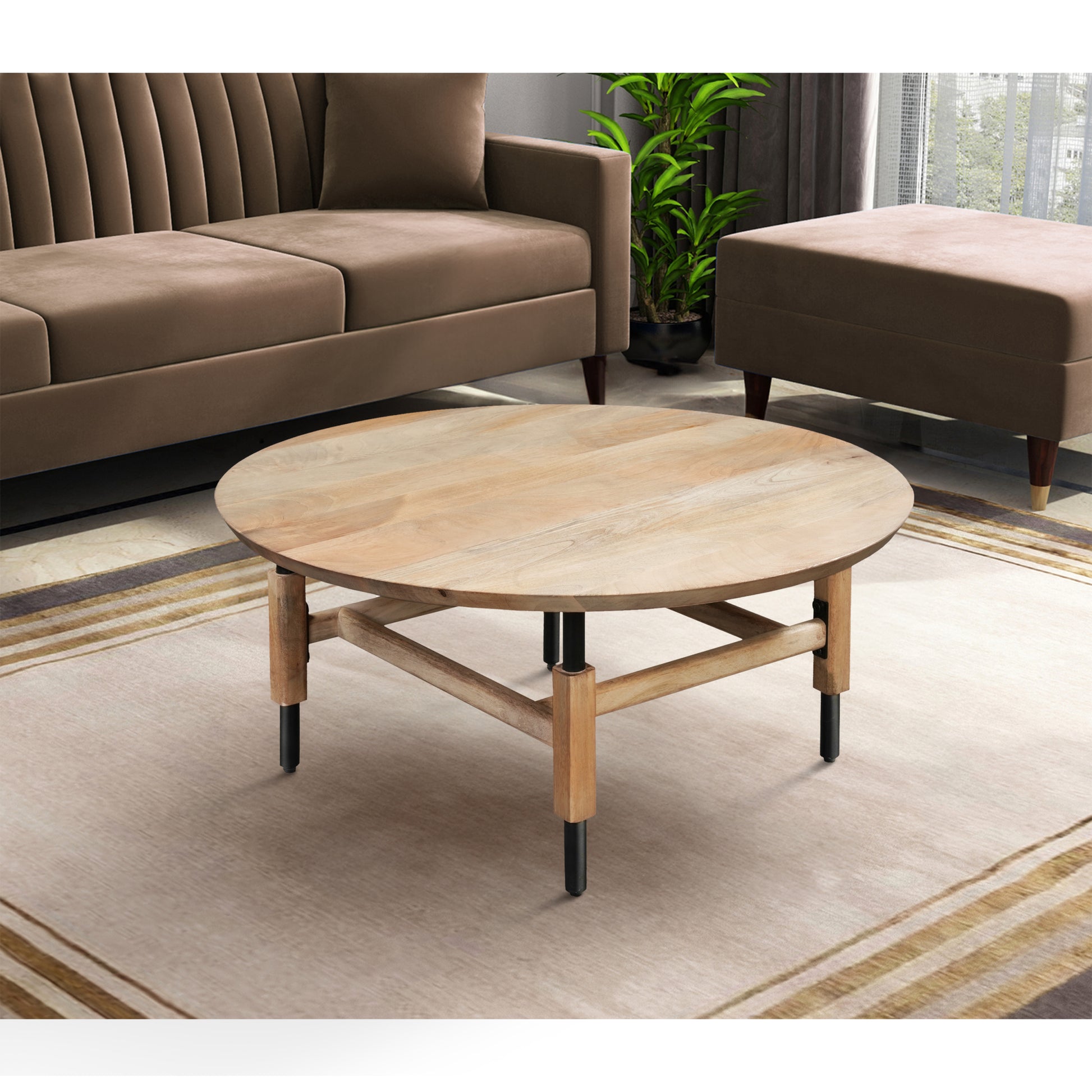 34 Inch Round Coffee Table, Handcrafted Natural Brown Mango Wood With Black Iron Legs Black Brown Metal & Wood