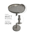 Ara 12 Inch Side End Table, Vintage Sleek Pillar Base, Round Tray Top, Matte Nickel Finish Antique Silver Iron