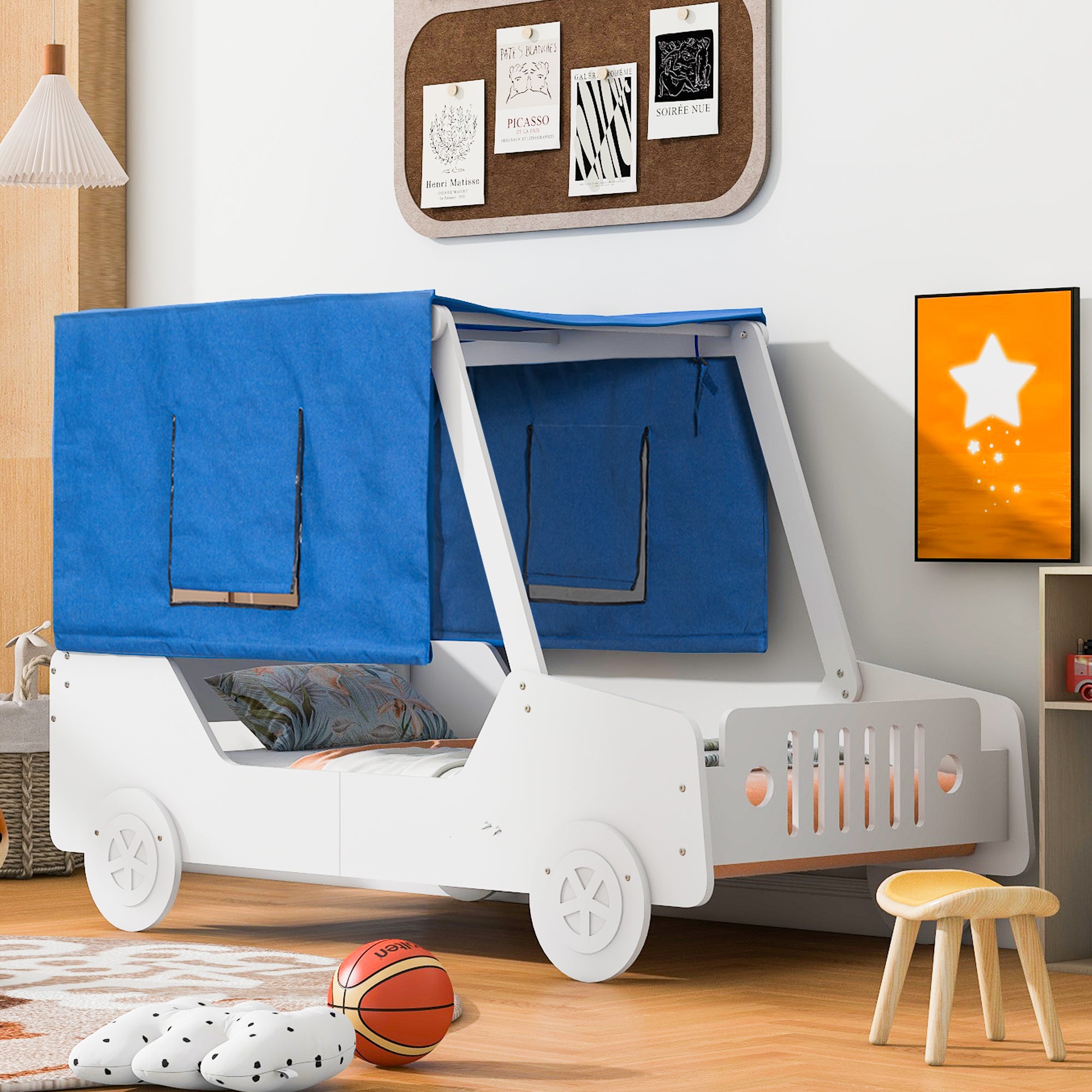 Twin Size Car Shaped Bed With Tents,White White Plywood