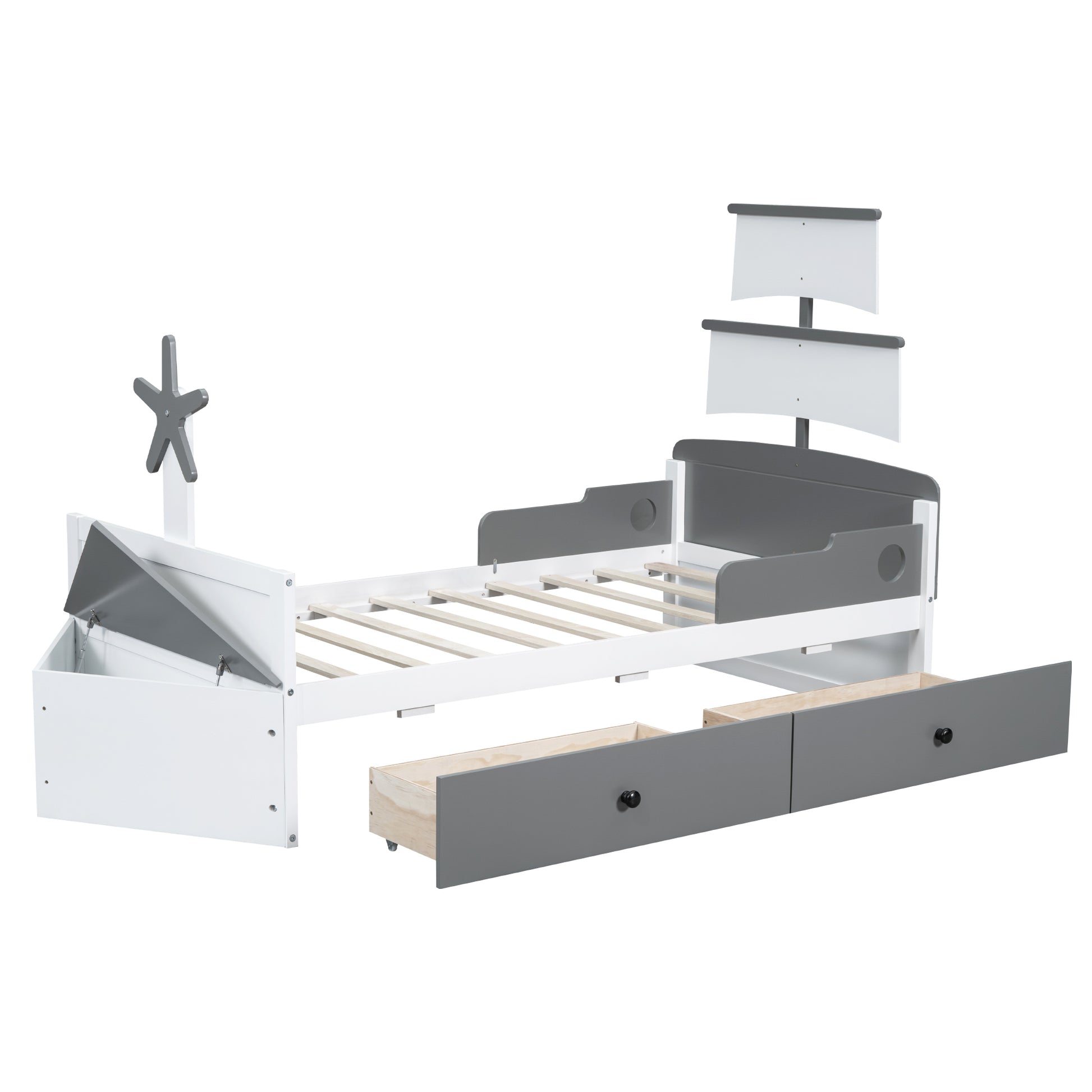 Twin Size Boat Shaped Platform Bed With 2 Drawers,Twin Bed With Storage For Bedroom,Gray Gray Wood