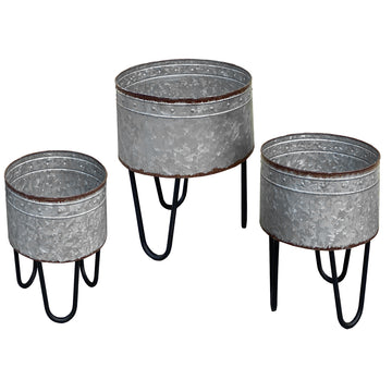 Galvanized Sheet Planter Tubs, Iron Powder Coated Hairpin Legs, Set Of 3, Gray, Black Black Gray Metal