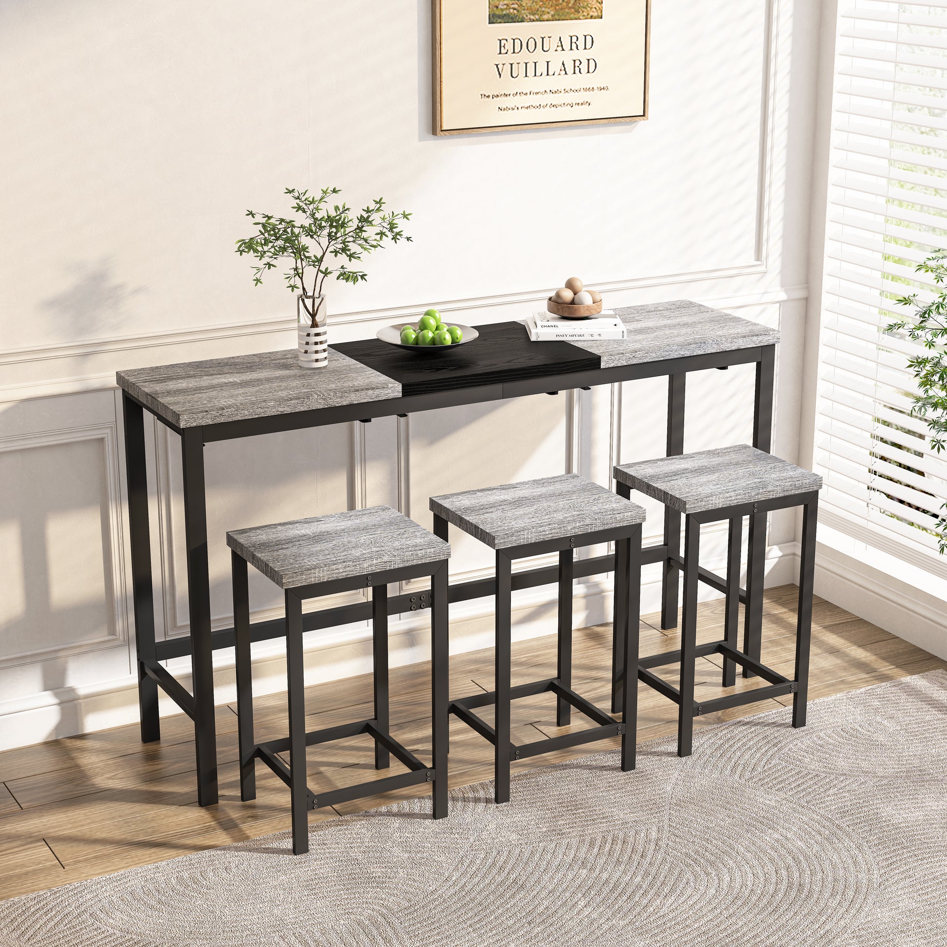 Modern Design Kitchen Dining Table, Pub Table, Long Dining Table Set With 3 Stools, Convenient Hanging Stool Design, Grey Black Grey Black Desk And Chair Set Mdf Metal