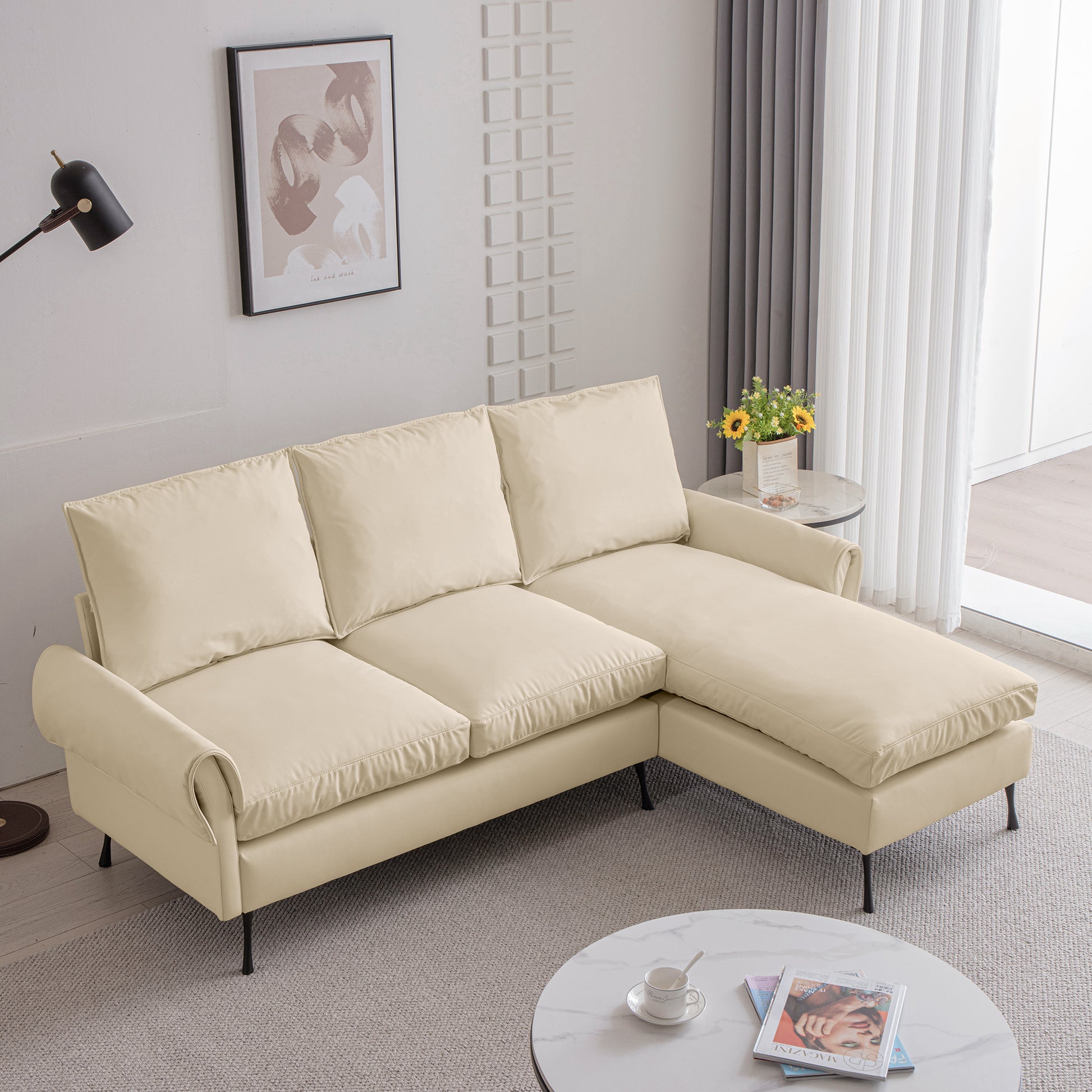 81"Modern Sectional Technical Leather L Shaped Sofa Couch With Reversible Chaise Lounge Beige Modern Foam Technical Leather
