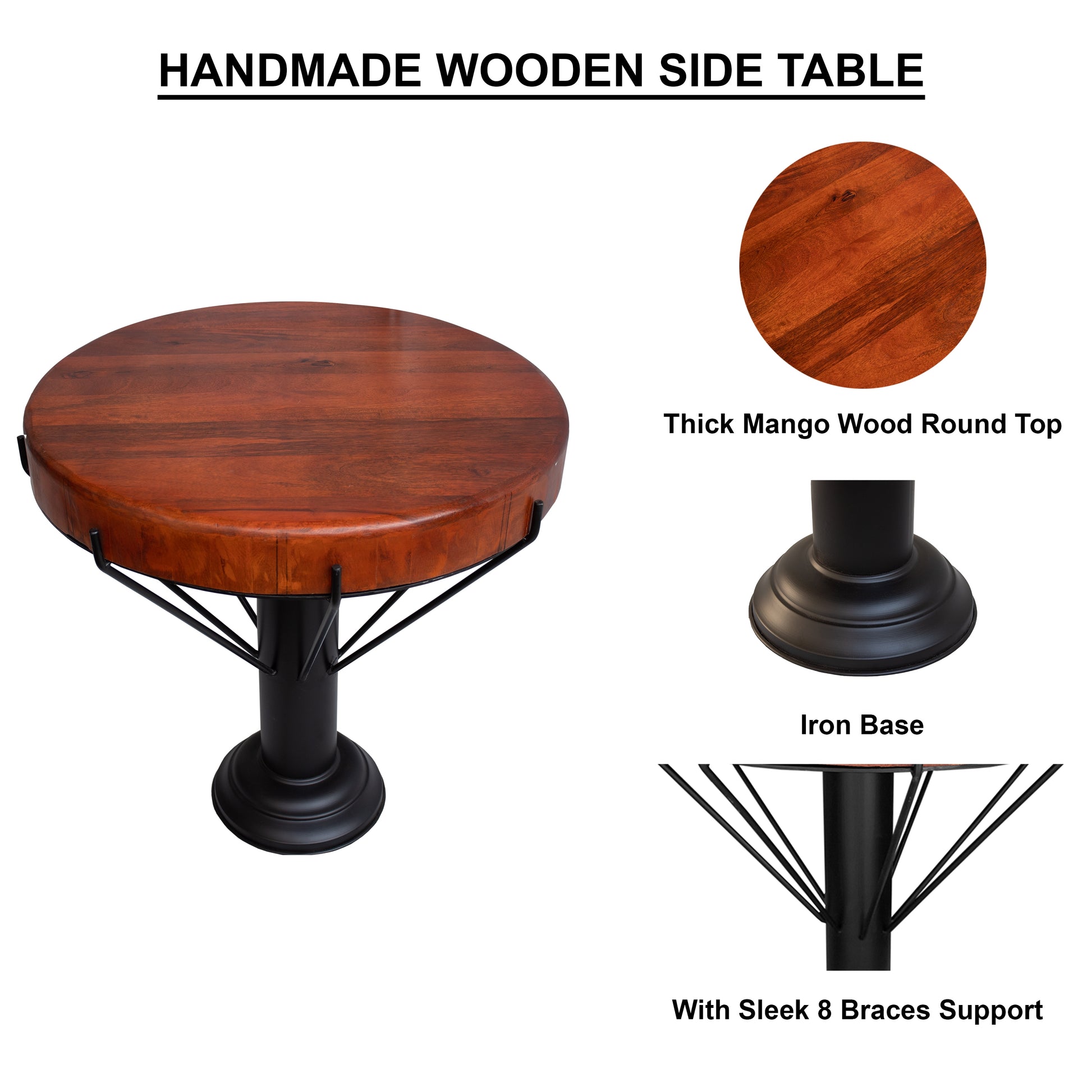 26 Inch Handcrafted Round Side End Table, Thick Mango Wood Top, Black Iron Pedestal Base Black Brown Metal & Wood