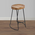 24 Inch Handcrafted Backless Barstool, Natural Brown Mango Wood Thick Saddle Seat, Black Iron Base Black Brown Metal & Wood