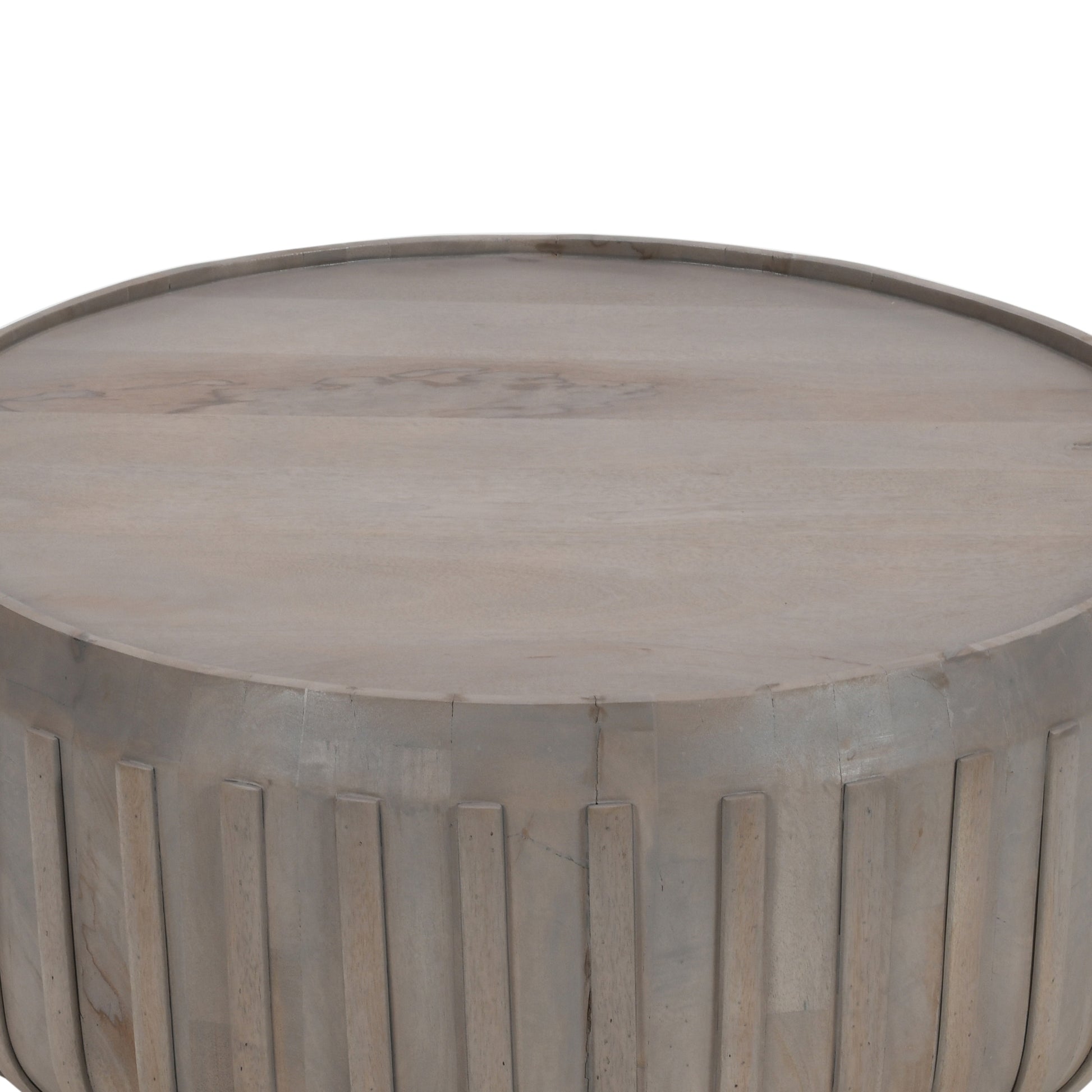 Alisha 36 Inch Coffee Table, Handcrafted Drum Shape With Ribbed Edges, Gray Mango Wood Gray Solid Wood