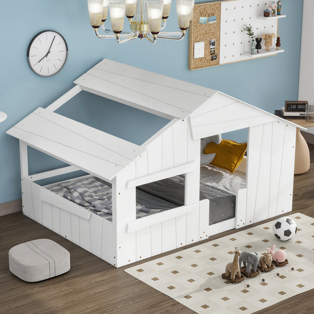 Wood Full Size House Bed With Roof, Window And Guardrail, White Box Spring Not Required Full White Wood Bedroom Solid Wood Mdf