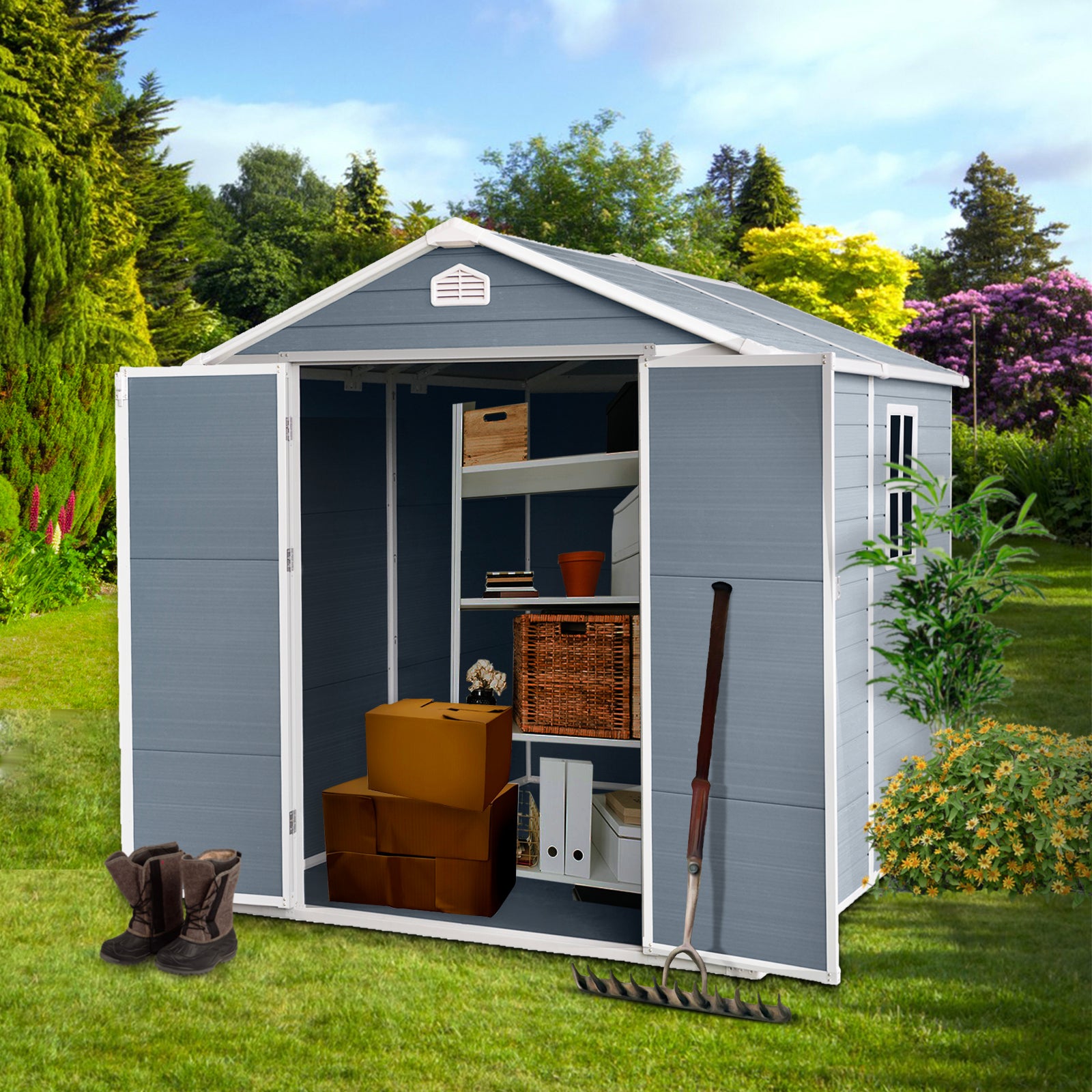 6X8Ft Resin Outdoor Storage Shed Kit Perfect To Store Patio Furniture,Grey Grey Plastic