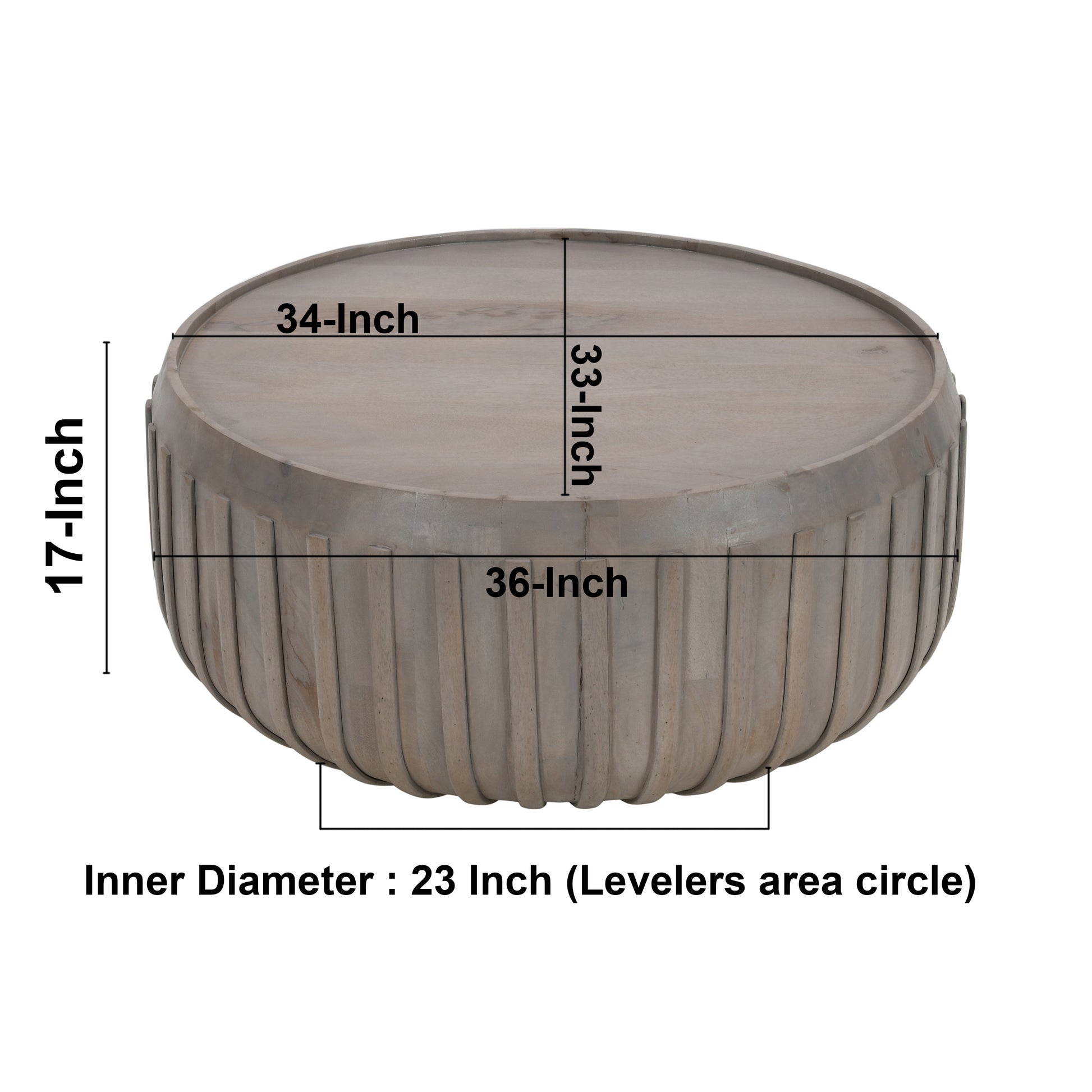 Alisha 36 Inch Coffee Table, Handcrafted Drum Shape With Ribbed Edges, Gray Mango Wood Gray Solid Wood