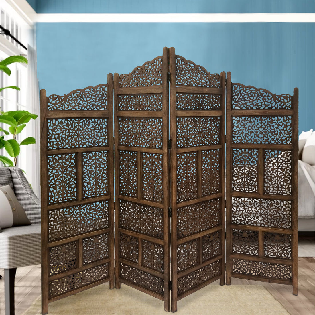 Hand Carved Foldable 4 Panel Wooden Partition Screen Roomdivider,Brown Brown Wood