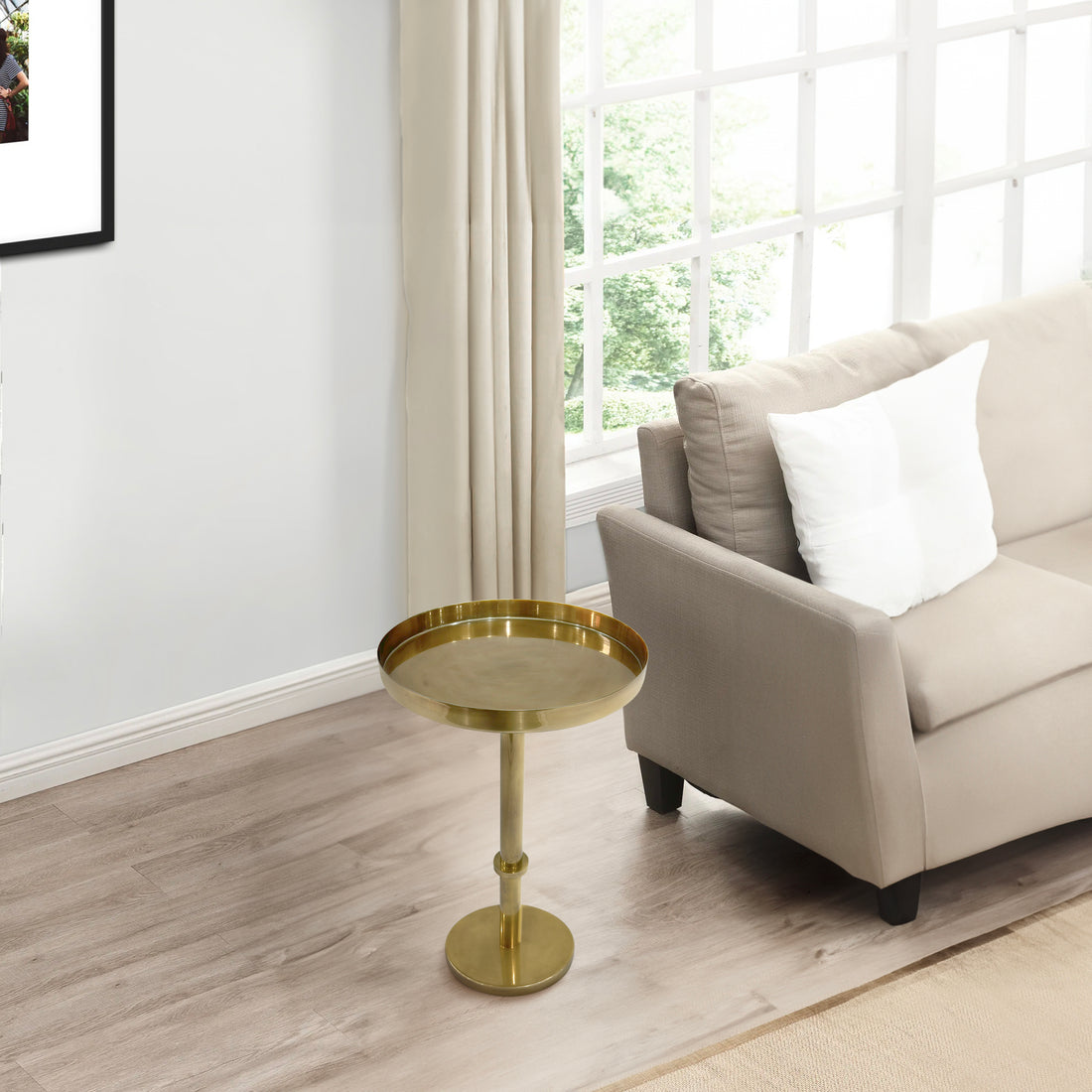 Ara 12 Inch Side End Table, Vintage Sleek Pillar Base, Round Tray Top, Oxidized Antique Brass Antique Brass Iron