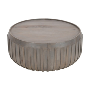 Alisha 36 Inch Coffee Table, Handcrafted Drum Shape With Ribbed Edges, Gray Mango Wood Gray Solid Wood