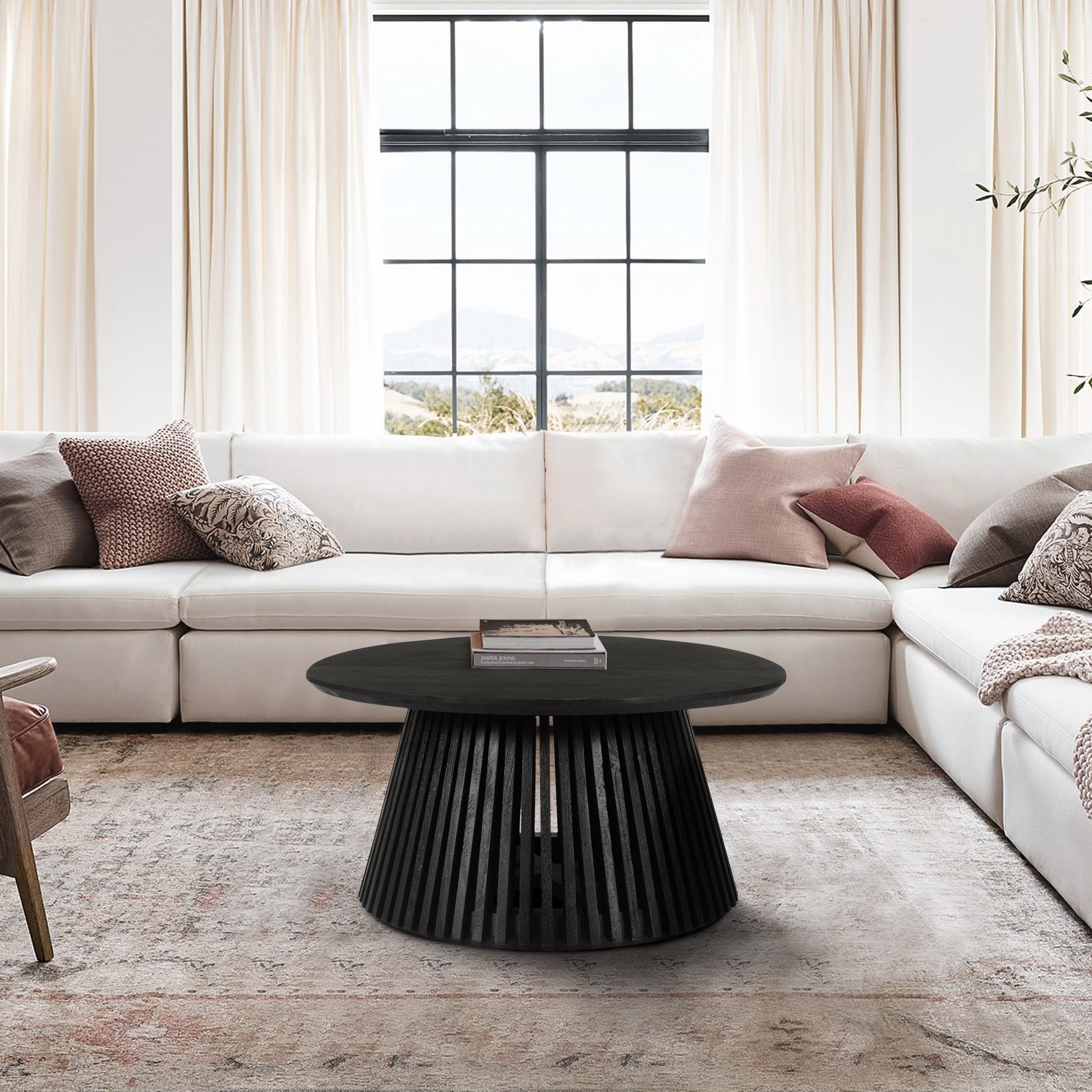 Ridge 32 Inch Handcrafted Round Coffee Table, Mango Wood, Slatted Flared Base, Black Black Solid Wood
