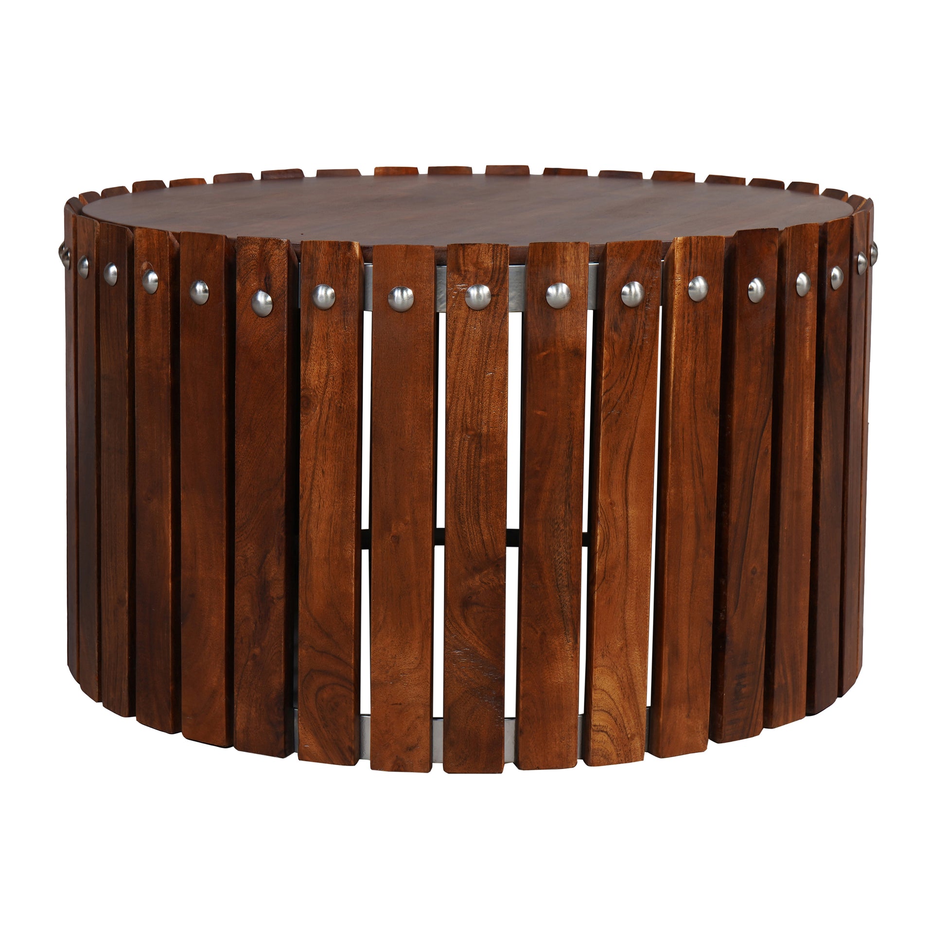 Myla 31 Inch Handcrafted Round Coffee Table With Vertical Planks, Iron Rivets, Dark Walnut Brown Acacia Wood Brown Metal & Wood
