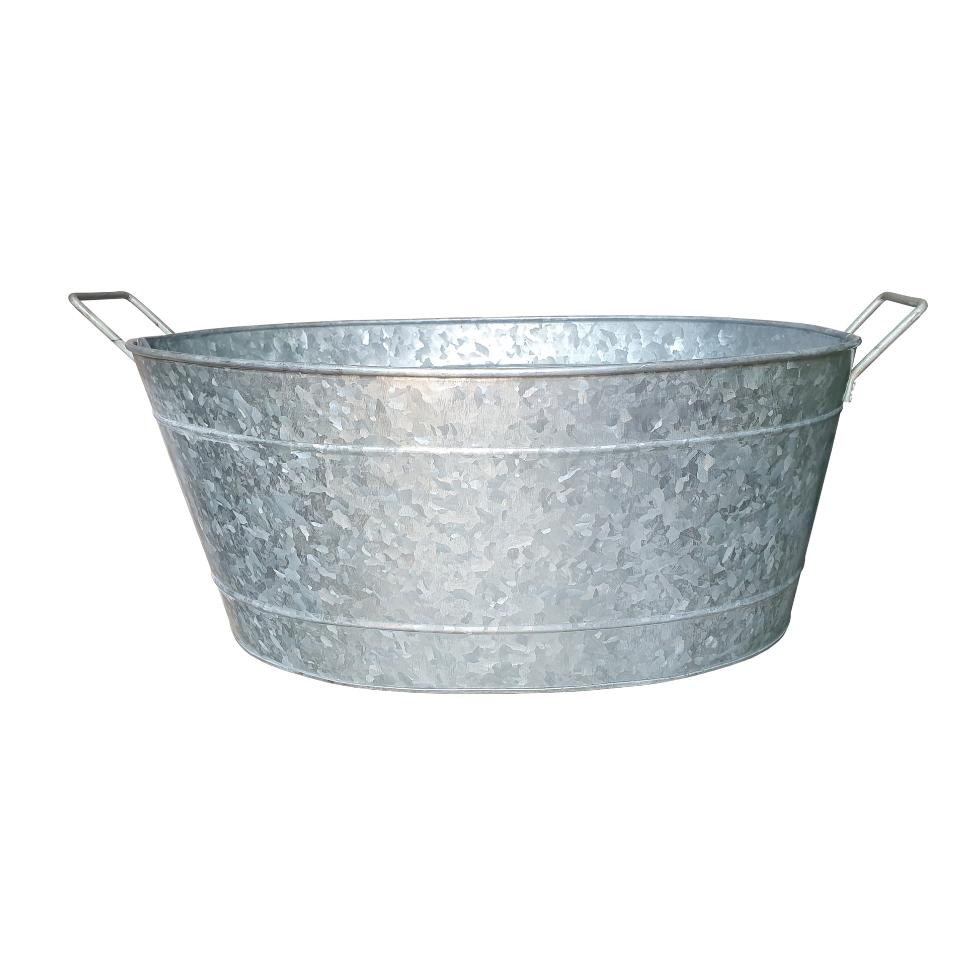 Embossed Design Oval Shape Galvanized Steel Tub With Side Handles, Small, Silver Antique Silver Steel