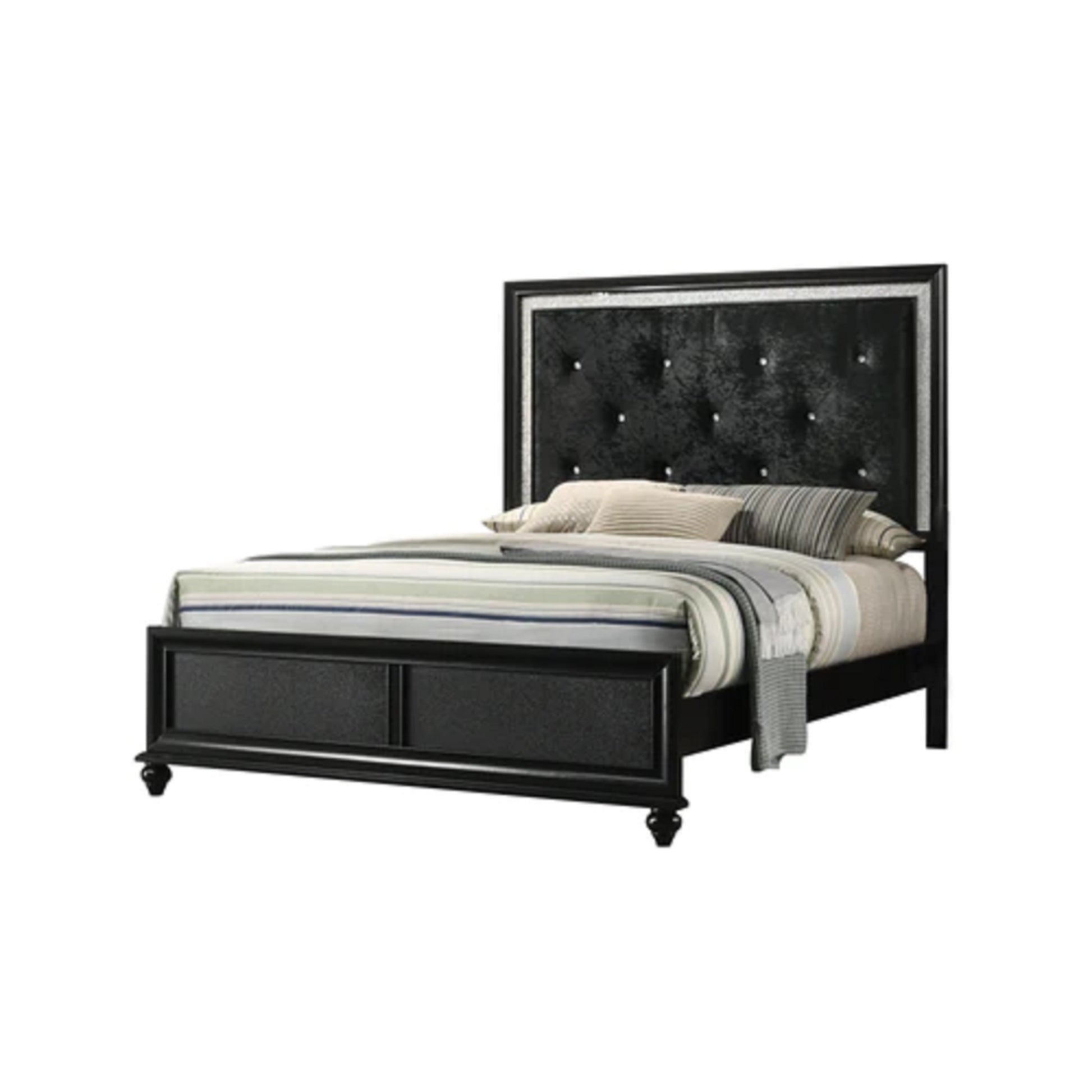 Modern Glam Style Black Finish Upholstered 1Pc King Size Panel Bed Diamond Patterned Faux Crystal Button Tufted Solid Wood Wooden Bedroom Furniture Black Solid Wood