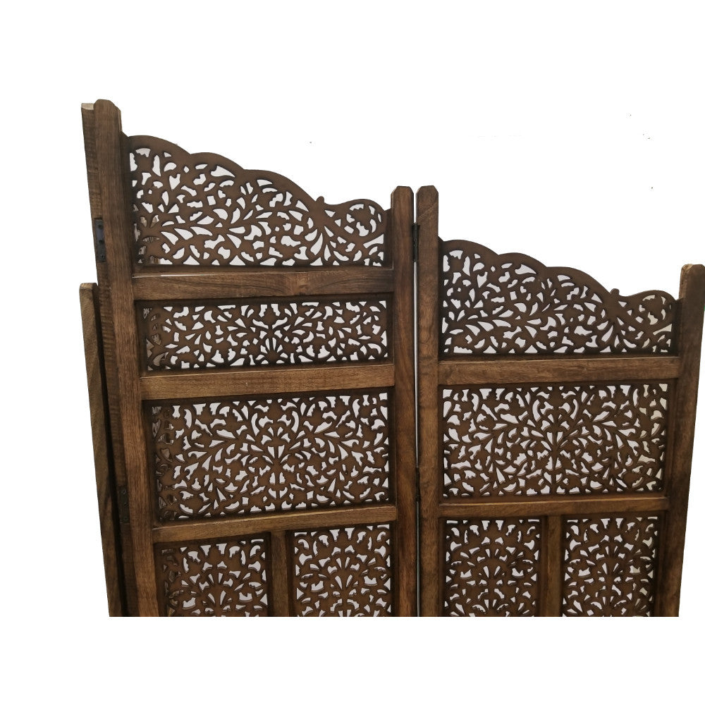 Hand Carved Foldable 4 Panel Wooden Partition Screen Roomdivider,Brown Brown Wood