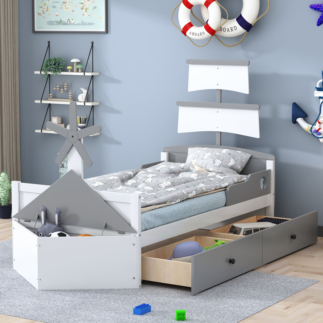 Twin Size Boat Shaped Platform Bed With 2 Drawers,Twin Bed With Storage For Bedroom,Gray Gray Wood