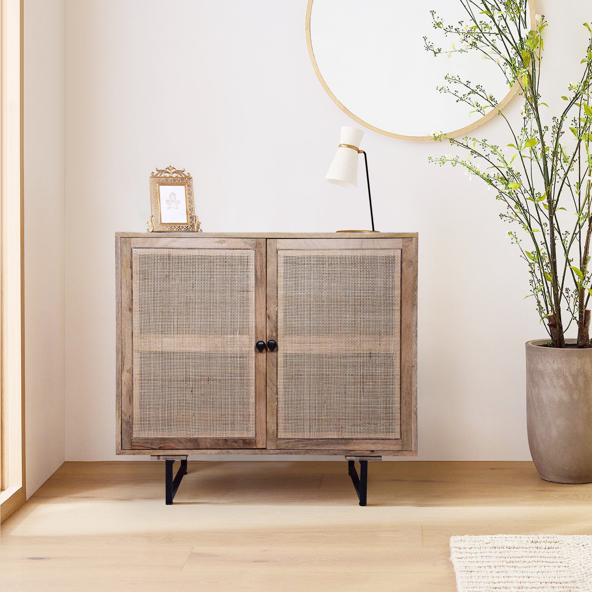 35 Inch Handcrafted Accent Cabinet With 2 Mesh Rattan Doors, Black Iron Legs, Natural Brown Mango Wood Frame Black Brown Wood Rattan