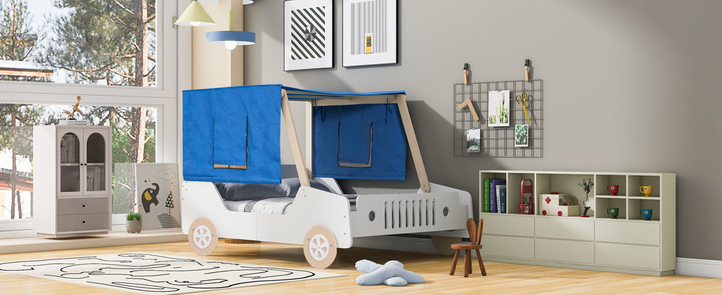 Full Size Car Shaped Bed With Tents,White Natural White Natural Plywood