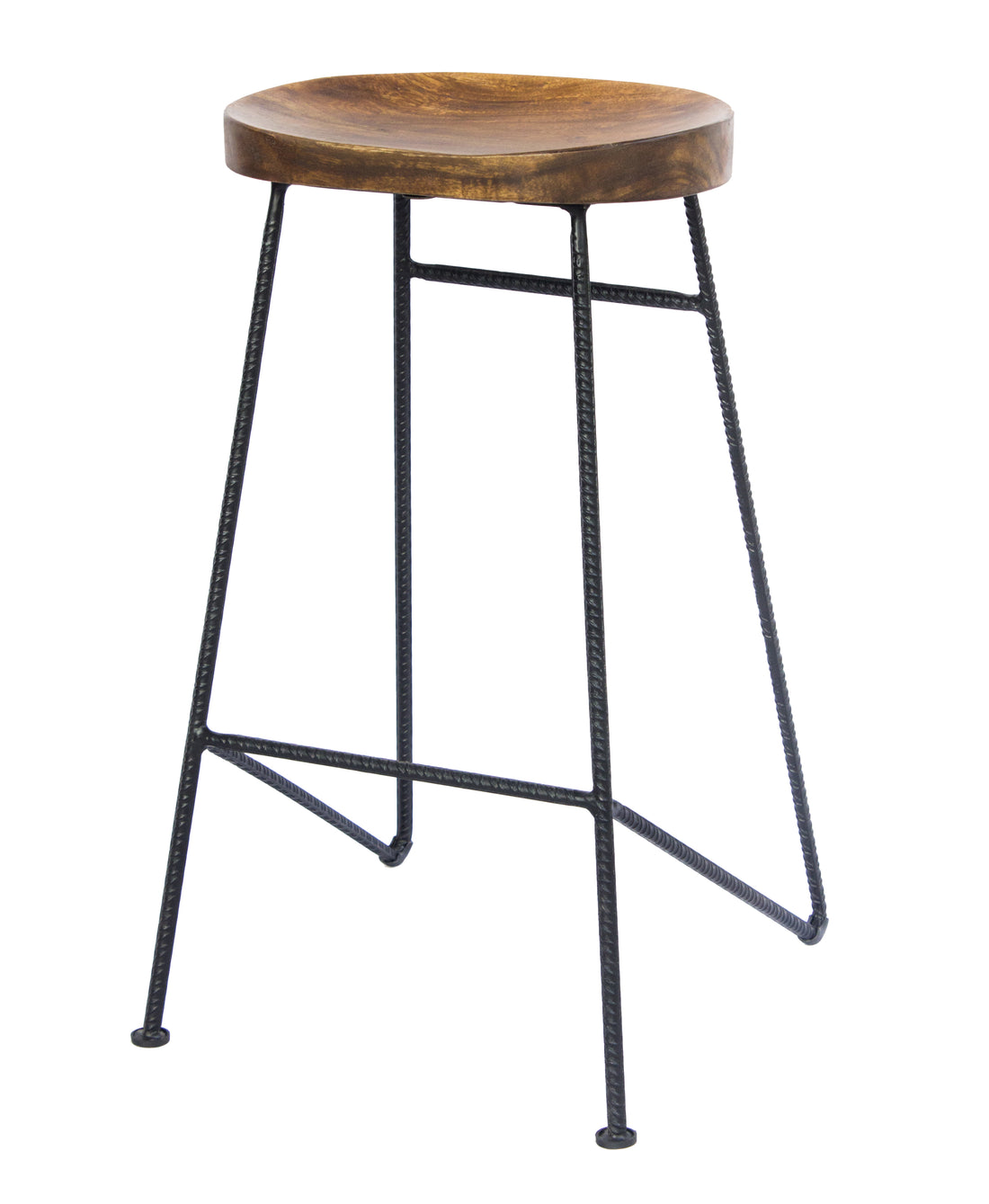 28 Inch Bar Stool With Mango Wood Saddle Seat, Iron Rod Legs, Brown And Black Black Brown Metal & Wood