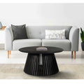 Ridge 32 Inch Handcrafted Round Coffee Table, Mango Wood, Slatted Flared Base, Black Black Solid Wood