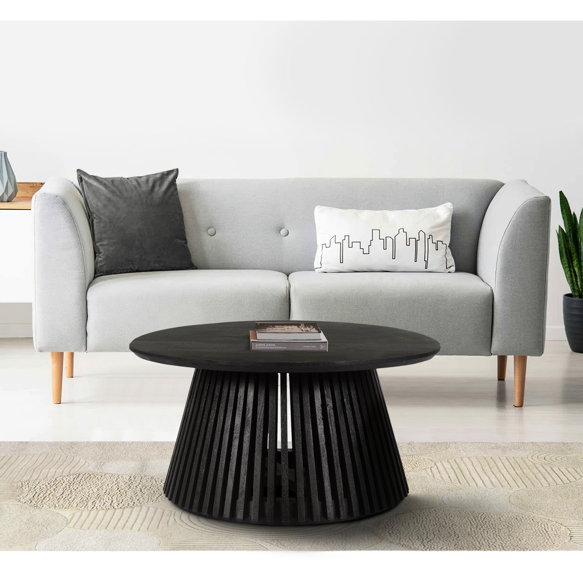 Ridge 32 Inch Handcrafted Round Coffee Table, Mango Wood, Slatted Flared Base, Black Black Solid Wood
