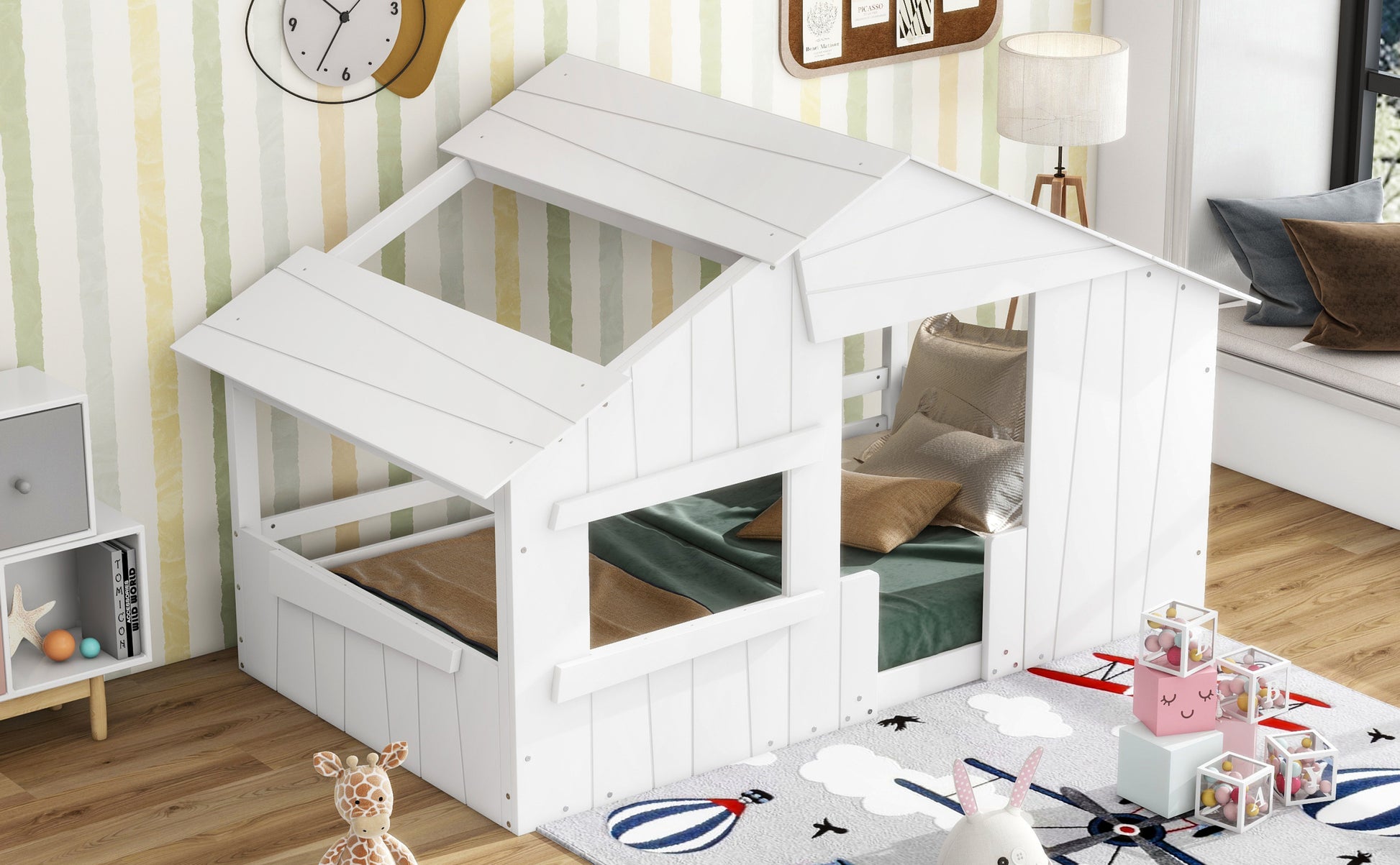 Wood Twin Size House Bed With Roof, Window And Guardrail, White Box Spring Not Required Twin White Wood Bedroom Solid Wood Mdf