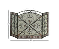 Traditional 3 Panel Metal Fire Screen With Filigree Design, Bronze, Black Black Multi Metal