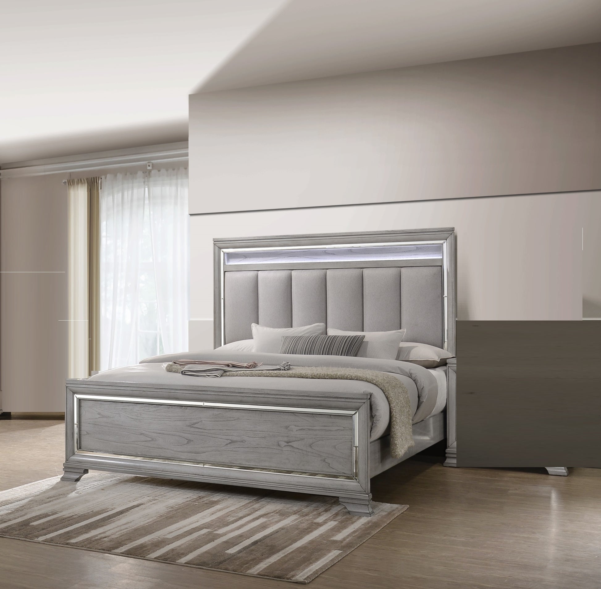 Modern Glam Style Upholstered Headboard Led Light Silver Strip Inlay Edges Light Gray Finish 1Pc King Size Bed Wooden Bedroom Furniture Light Gray Solid Wood