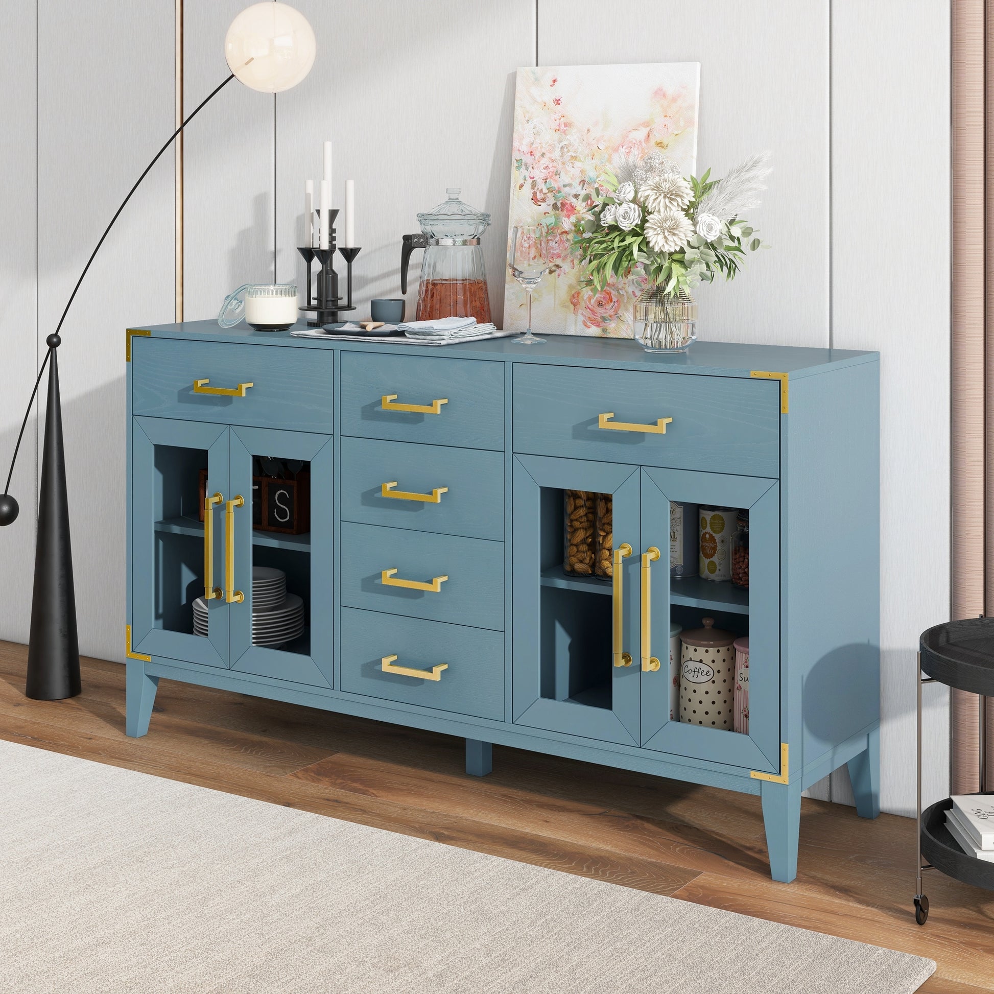 6 Drawer And 2 Cabinet Retro Sideboard With Extra Large Storage Space, With Gold Handles And Solid Wood Legs, For Kitchen And Living Room Antique Blue Antique Blue Solid Wood Mdf