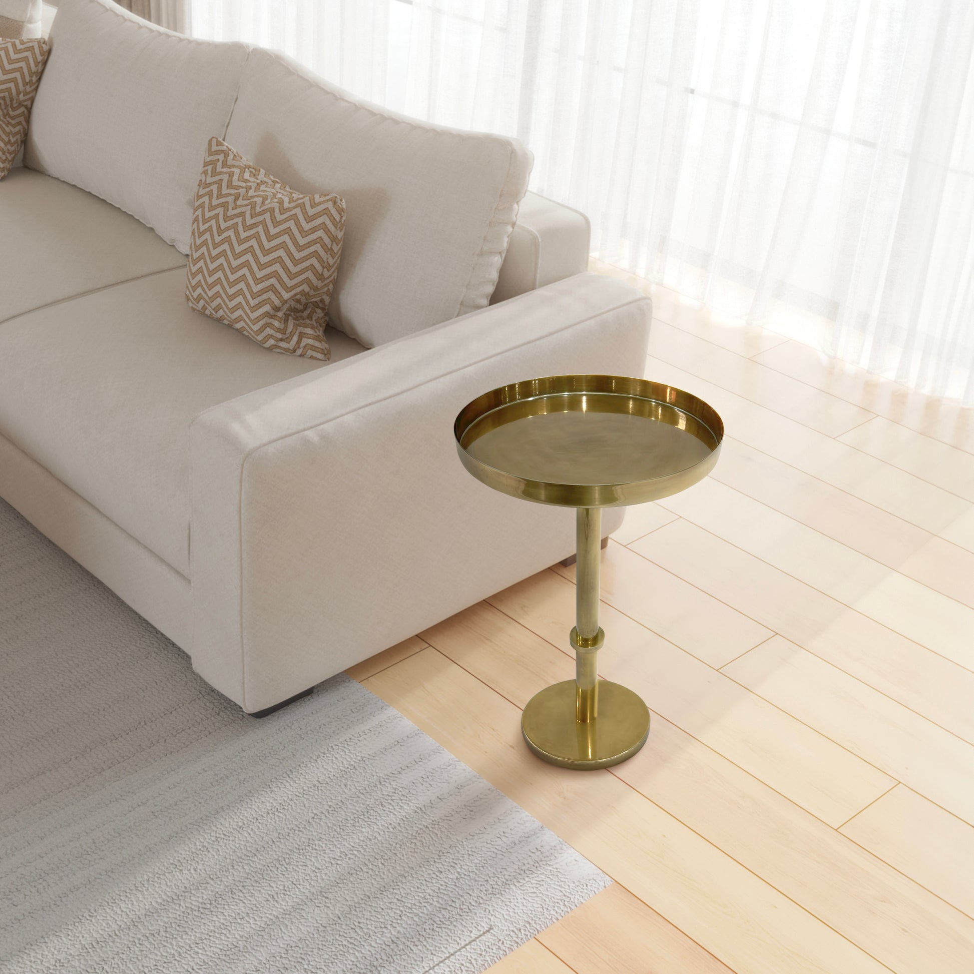 Ara 12 Inch Side End Table, Vintage Sleek Pillar Base, Round Tray Top, Oxidized Antique Brass Antique Brass Iron