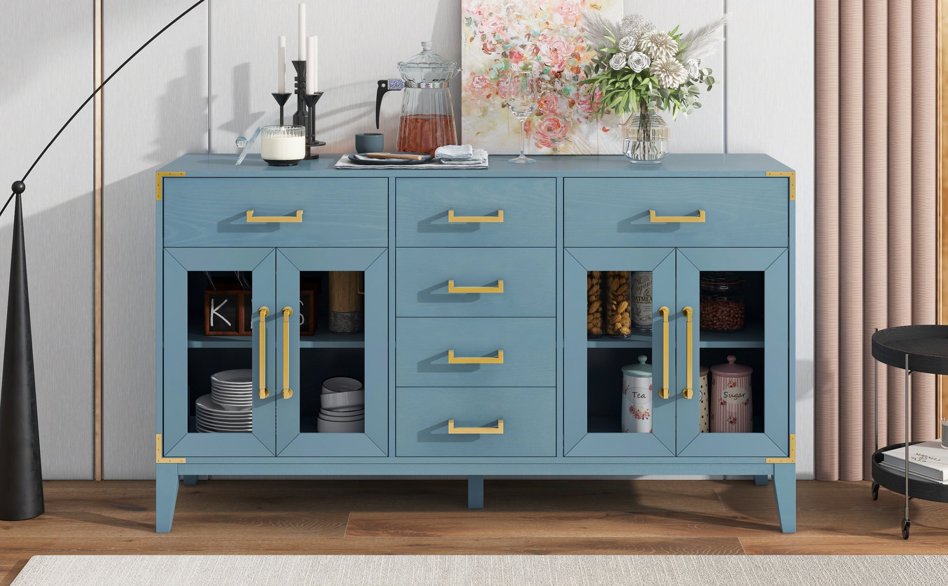 6 Drawer And 2 Cabinet Retro Sideboard With Extra Large Storage Space, With Gold Handles And Solid Wood Legs, For Kitchen And Living Room Antique Blue Antique Blue Solid Wood Mdf