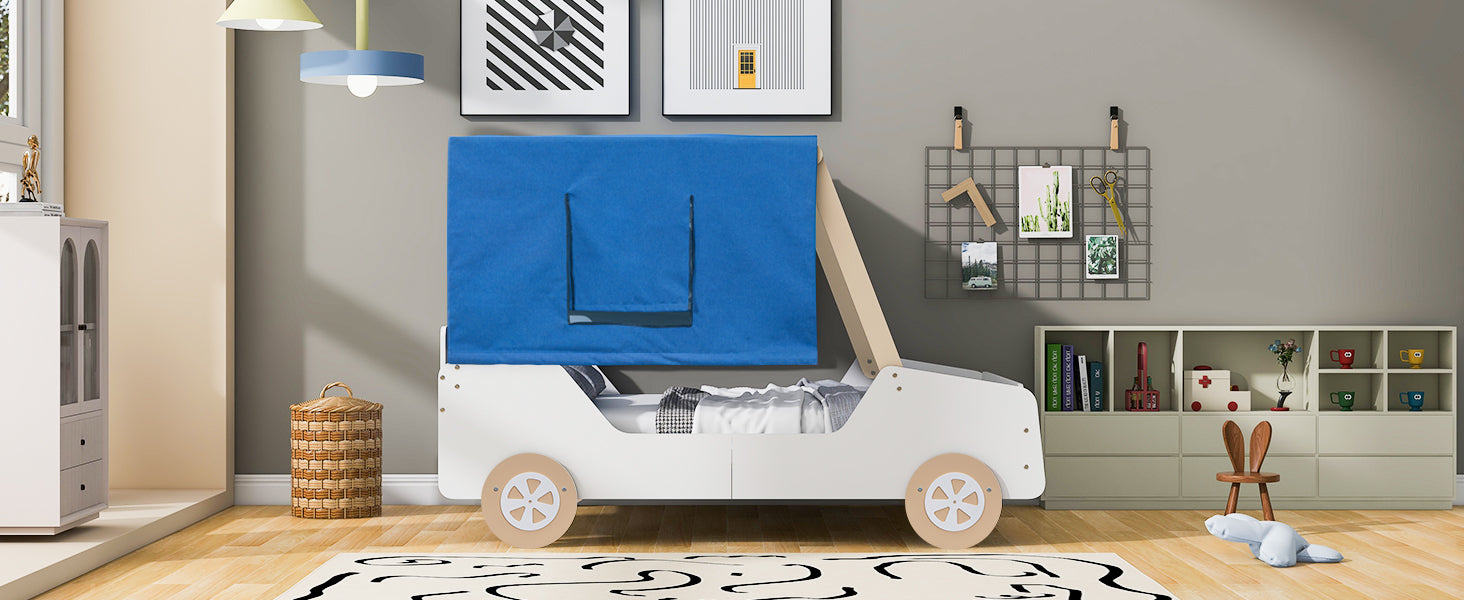 Full Size Car Shaped Bed With Tents,White Natural White Natural Plywood