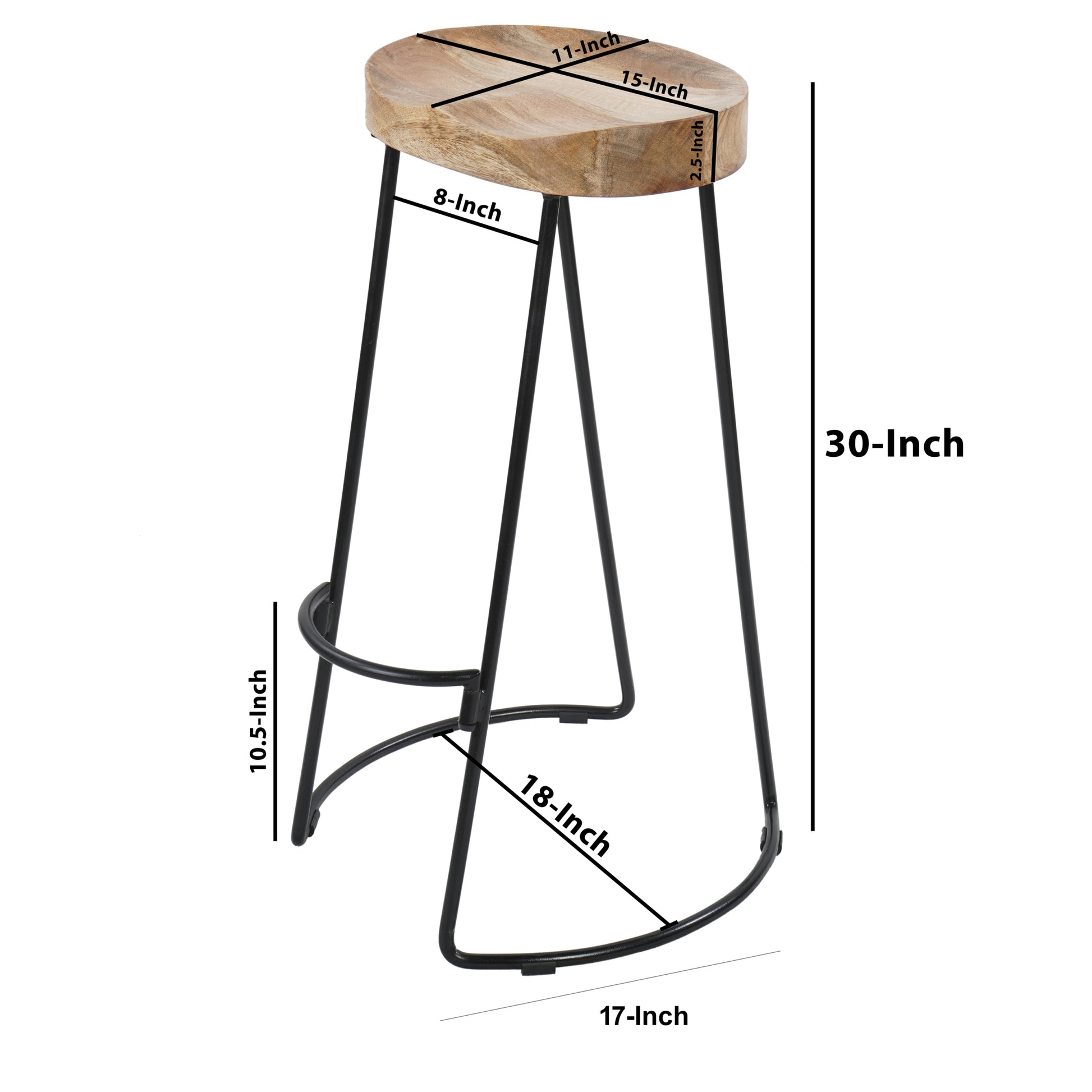 30 Inch Handcrafted Backless Counter Height Barstool, Natural Brown Mango Wood Saddle Seat, Black Iron Base Black Brown Metal & Wood