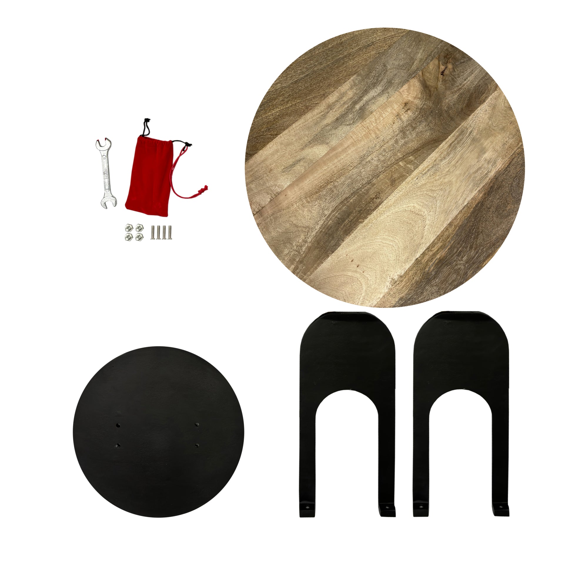 22 Inch Side End Table, Round Natural Mango Wood Top, Black Iron U Shaped Legs Black Brown Metal & Wood