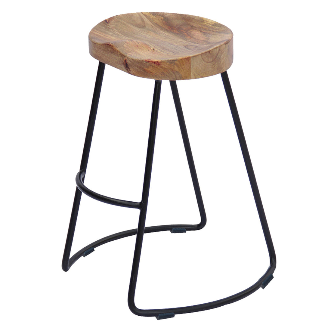 Ela 24 Inch Counter Height Stool, Mango Wood Saddle Seat, Iron Frame, Brown And Black Black Brown Metal & Wood