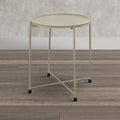 18 Inch Modern Side End Table, Round Metal Tray Top, Foldable Legs, Beige Beige Iron