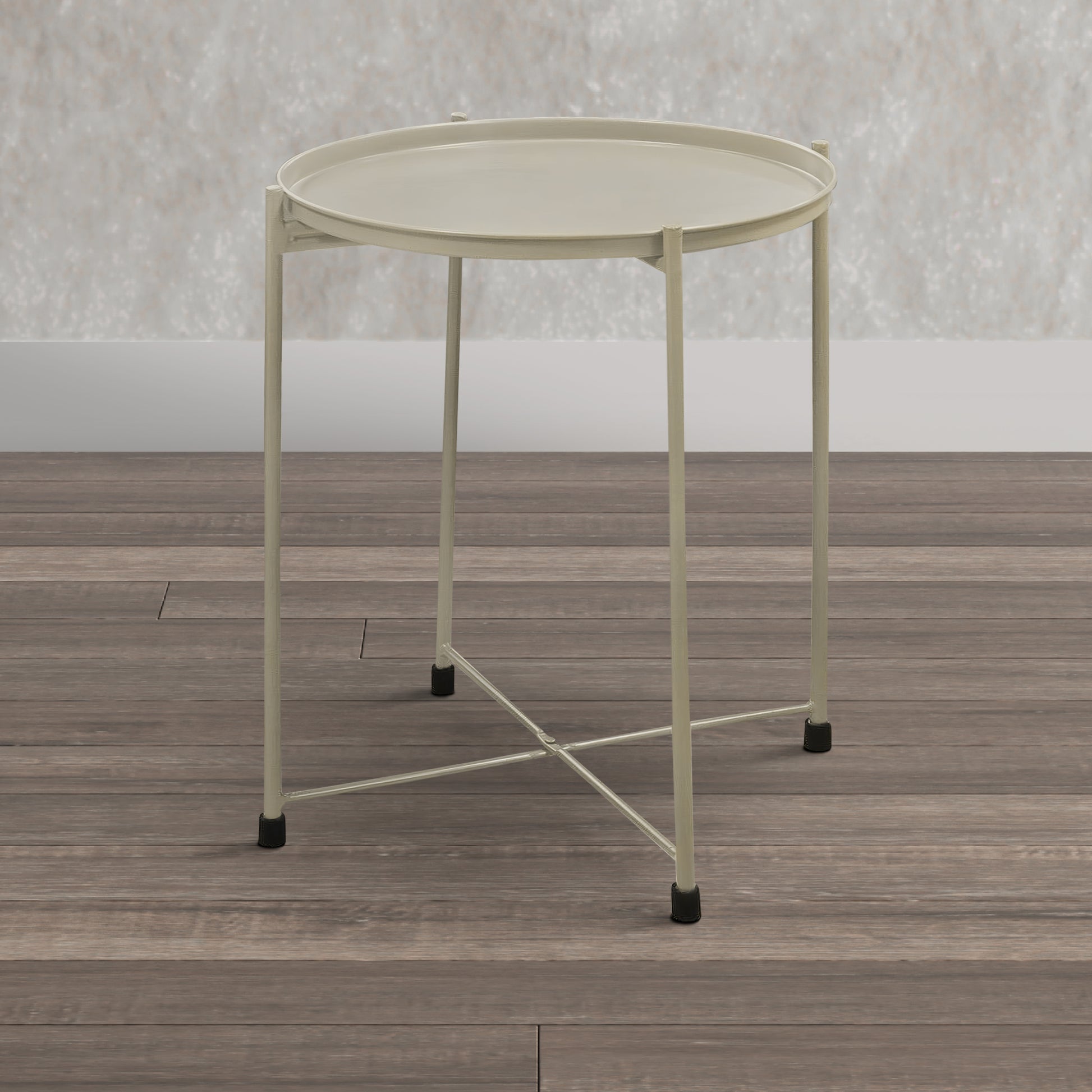 18 Inch Modern Side End Table, Round Metal Tray Top, Foldable Legs, Beige Beige Iron