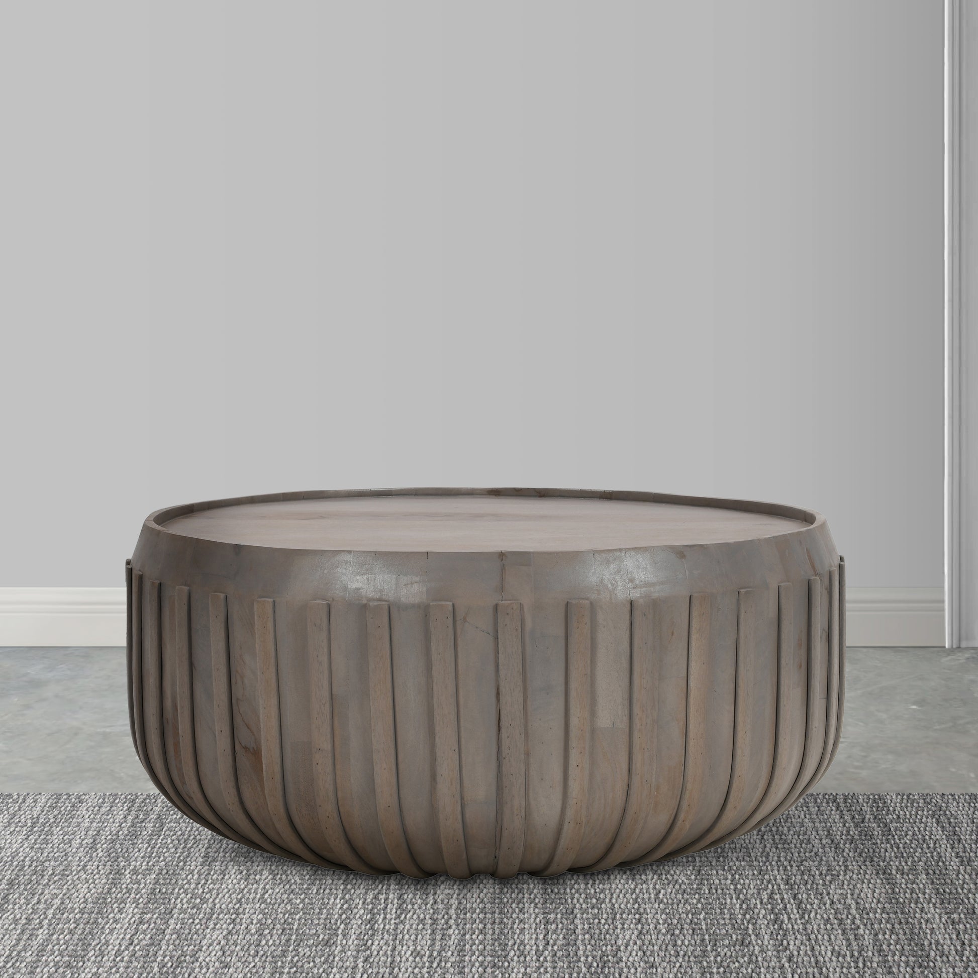 Alisha 36 Inch Coffee Table, Handcrafted Drum Shape With Ribbed Edges, Gray Mango Wood Gray Solid Wood