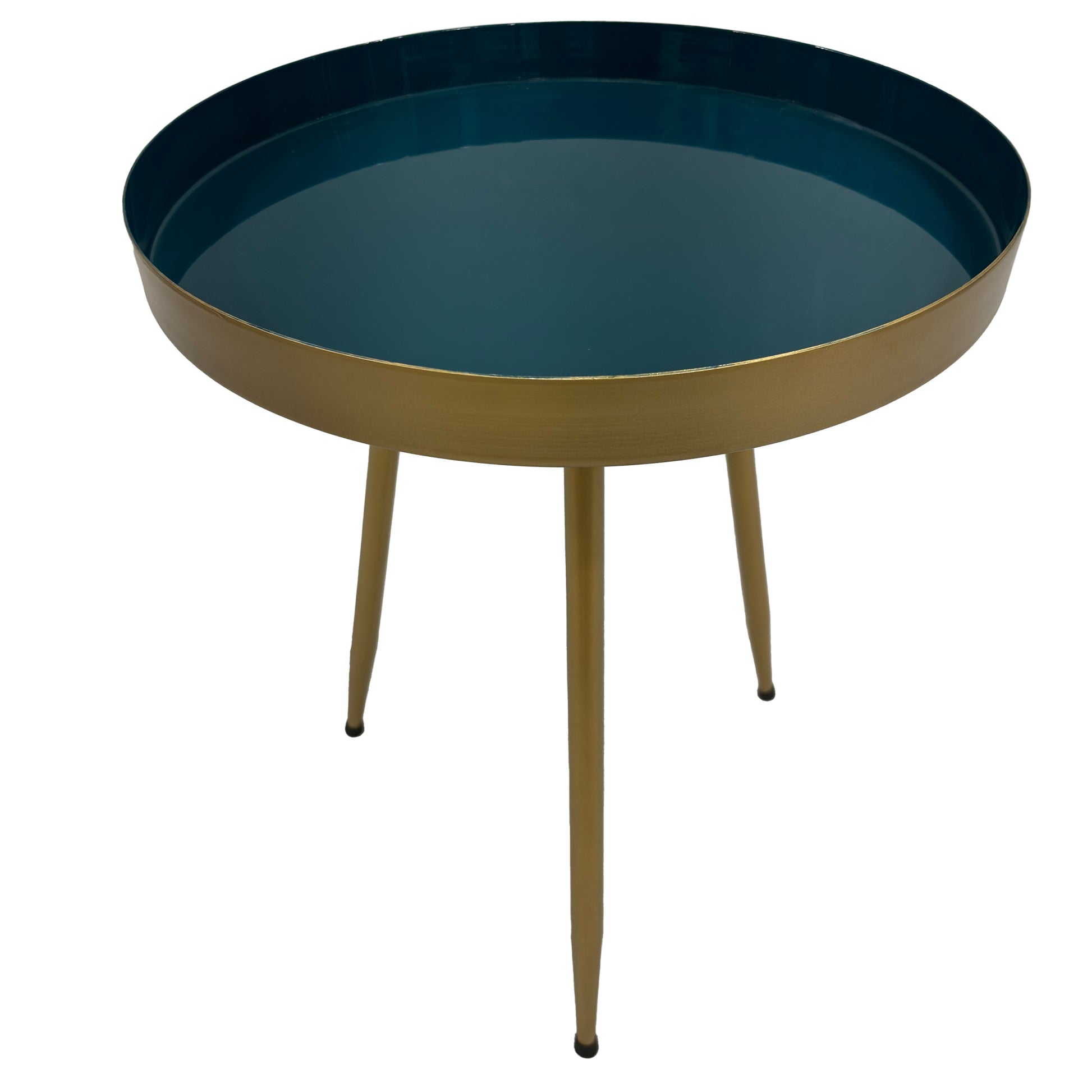 Enid 19 Inch Side End Table, Iron Brass Plating, Enamel Blue Top, Modern Sleek Angled Legs Blue Iron