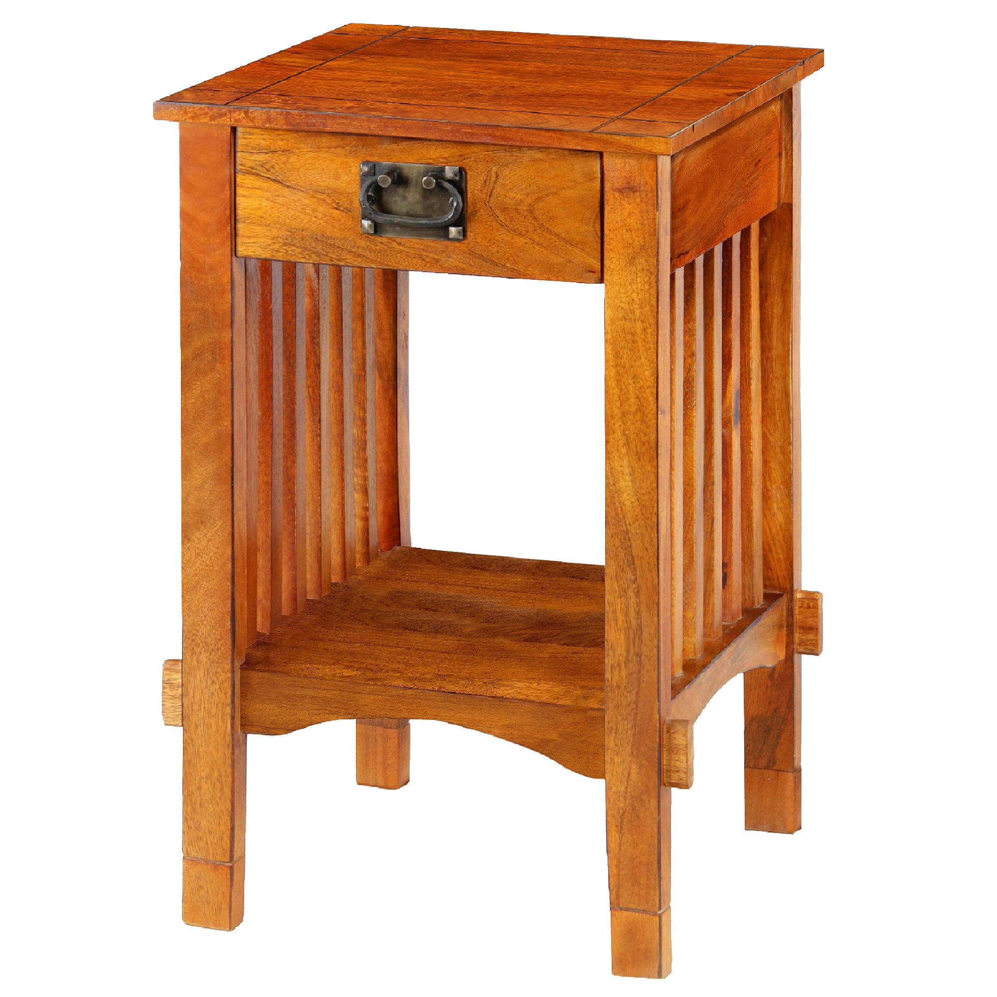 Spacious Mango Wood Telephone Stand With Slatted Side Panels, Brown Brown Metal & Wood