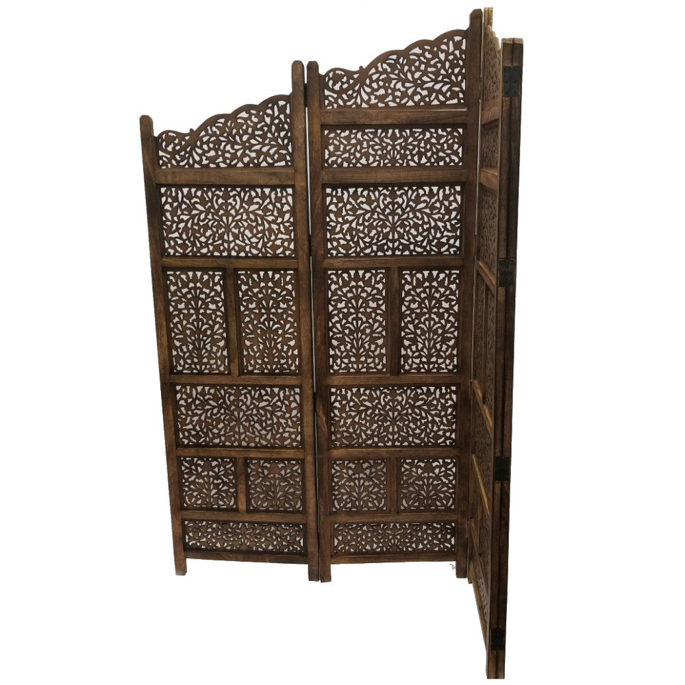 Hand Carved Foldable 4 Panel Wooden Partition Screen Roomdivider,Brown Brown Wood