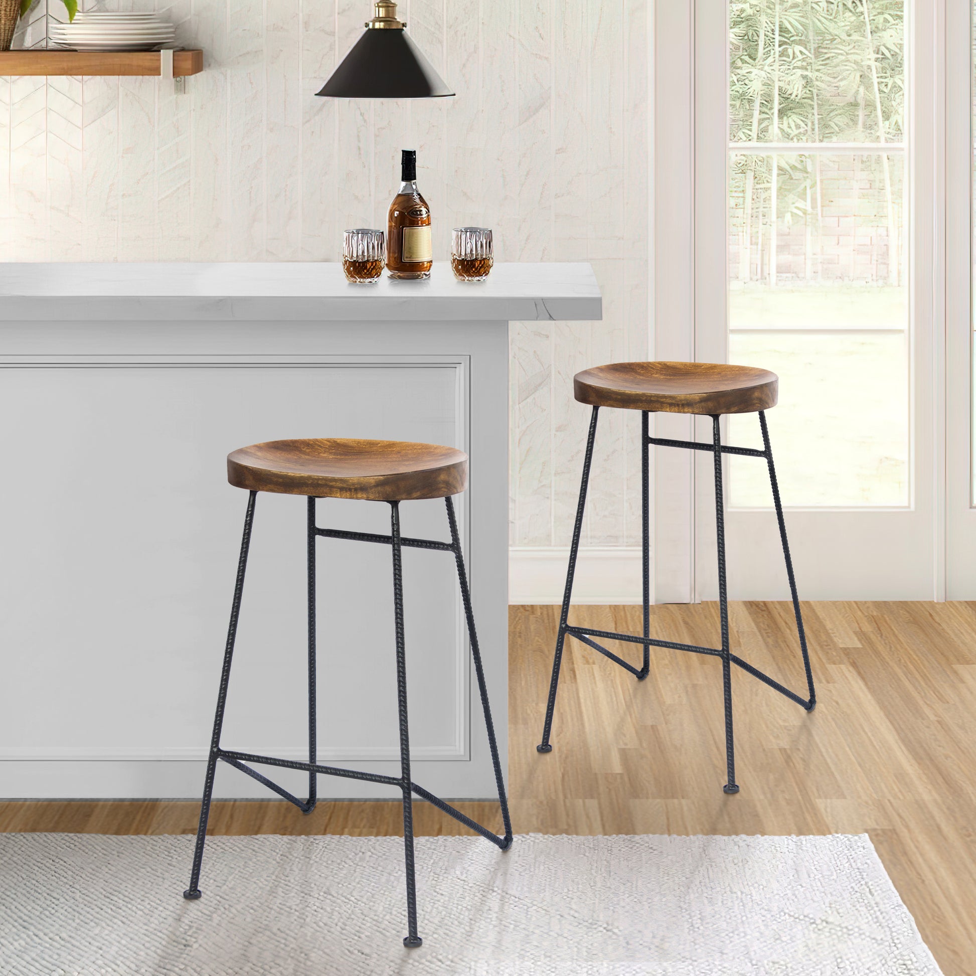 28 Inch Bar Stool With Mango Wood Saddle Seat, Iron Rod Legs, Brown And Black Black Brown Metal & Wood