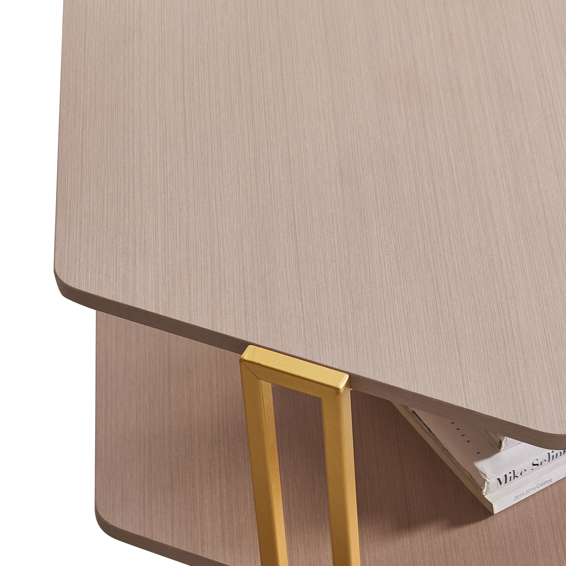 36 Inch Hexagonal Modern Coffee Table, Wood Top And Shelf, Gold Metal Legs Brown Gold Particle Board
