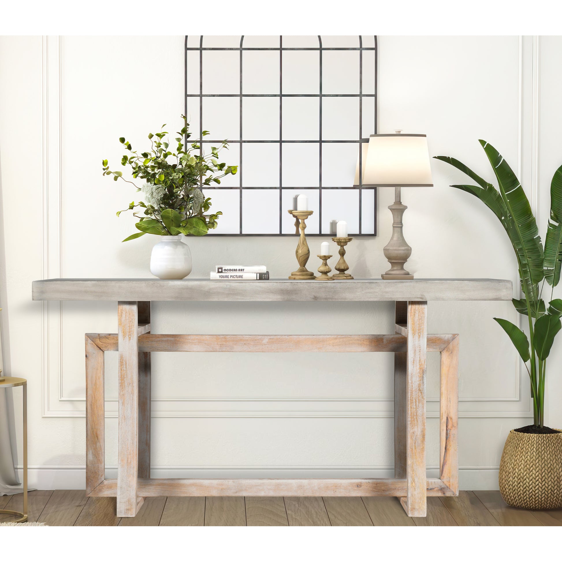 59 Inch Artisan Sideboard Console Table With Geometric Interlocked Base, Distressed Matte Gray Gray Solid Wood