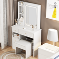 Small Space Left Drawer Desktop Vanity Table Cushioned Stool, Extra Large Touch Control Sliding Led Mirror, Tri Color Switching, Brightness Adjustable, Suitable For Girls No More Than 5.6Ft Tall White Mdf