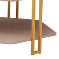 36 Inch Hexagonal Modern Coffee Table, Wood Top And Shelf, Gold Metal Legs Brown Gold Particle Board
