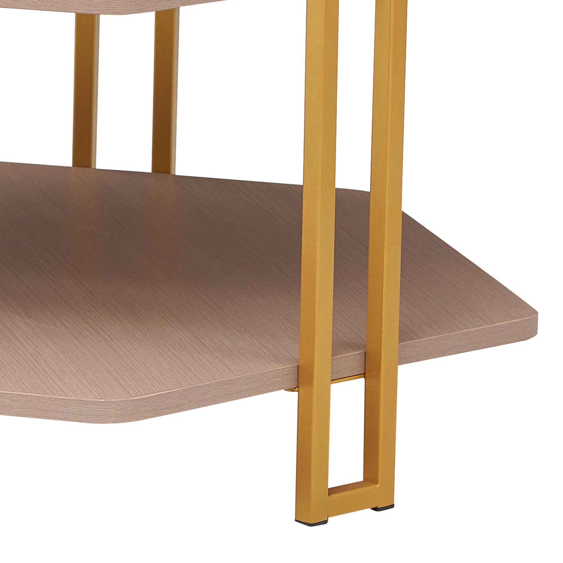 36 Inch Hexagonal Modern Coffee Table, Wood Top And Shelf, Gold Metal Legs Brown Gold Particle Board