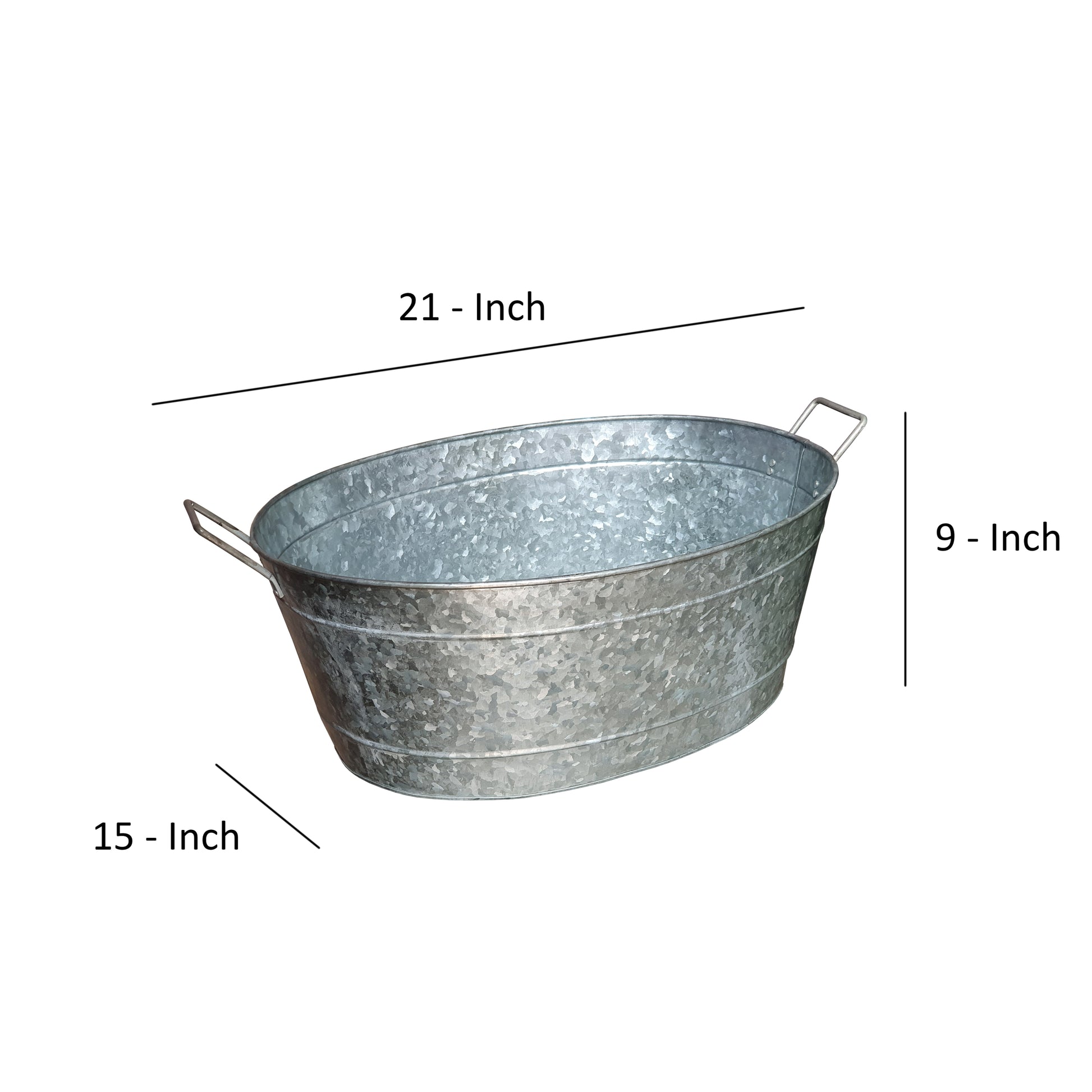 Embossed Design Oval Shape Galvanized Steel Tub With Side Handles, Small, Silver Antique Silver Steel